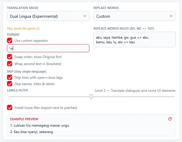 Universal Patcher Preferences Card with Dual-Lingua and Labels Filter