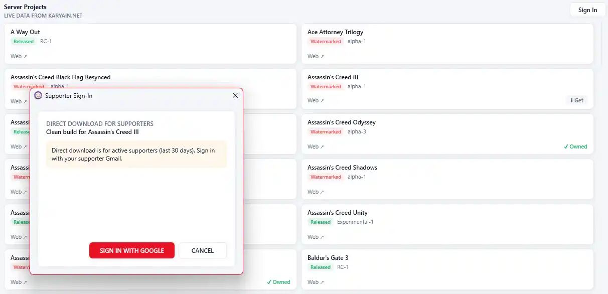 Universal Patcher Server Projects and Supporter Sign-In Modal
